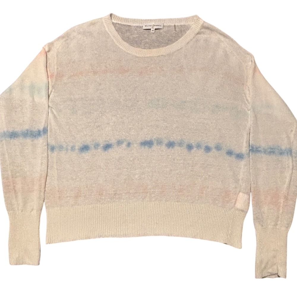 White + Warren 100% Linen Knit Tie Dye Stripe‎ Sweater Cream Blue Peach Size M
